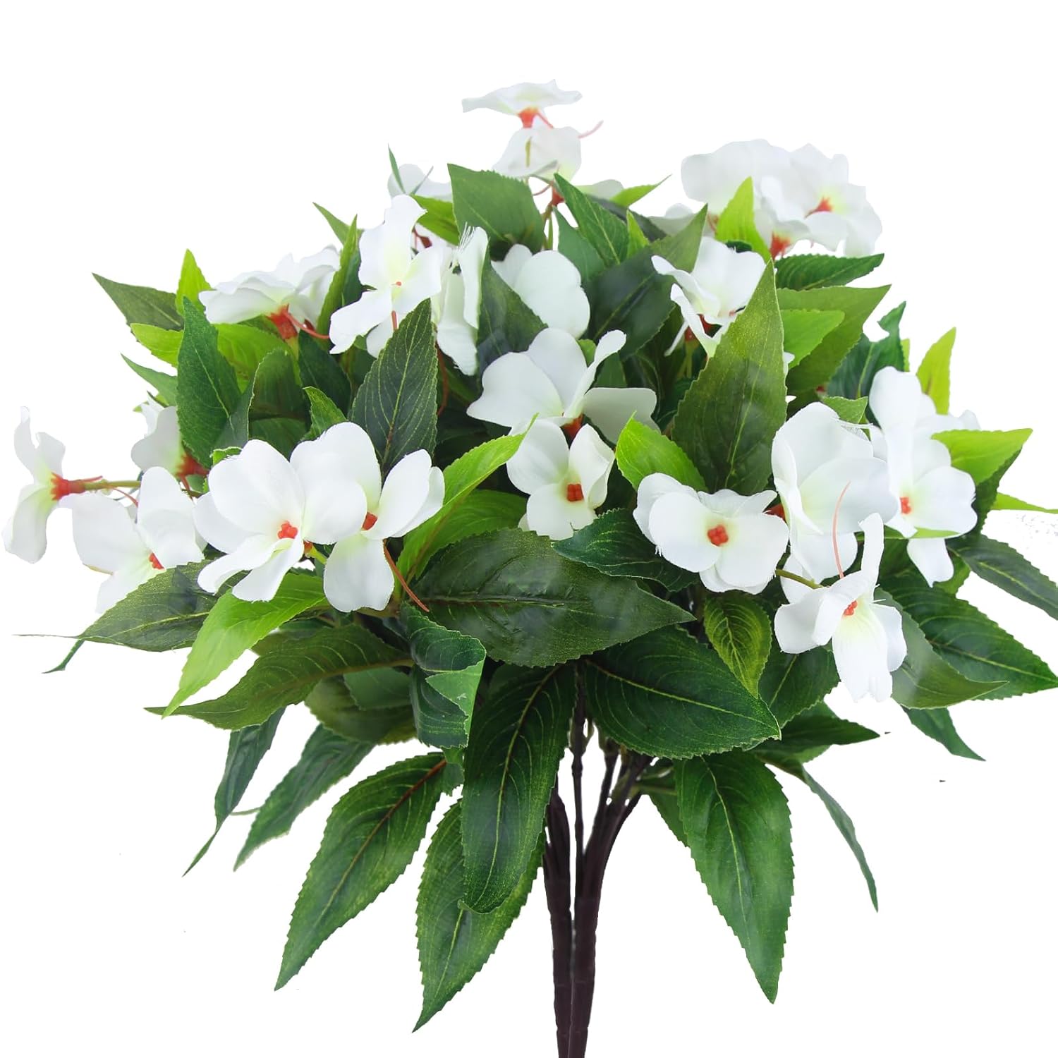 2 Pcs Artificial Impatiens Flowers For Outdoors Faux Impatiens Bushes White Silk Flowers Greenery Artificial Impatiens Bouquet For Patio Lawn Garden Pot Hanging Basket Porch Decoration