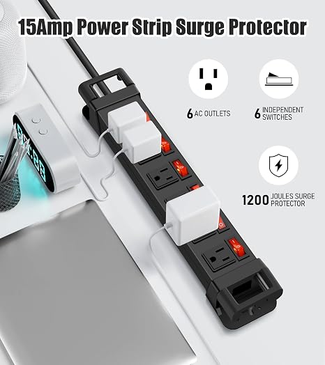 Heavy Duty Power Strip 1200J Surge Protector 14AWG 6FT Cord Individual Switches Black