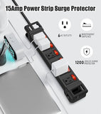 Heavy Duty Power Strip 1200J Surge Protector 14AWG 6FT Cord Individual Switches Black