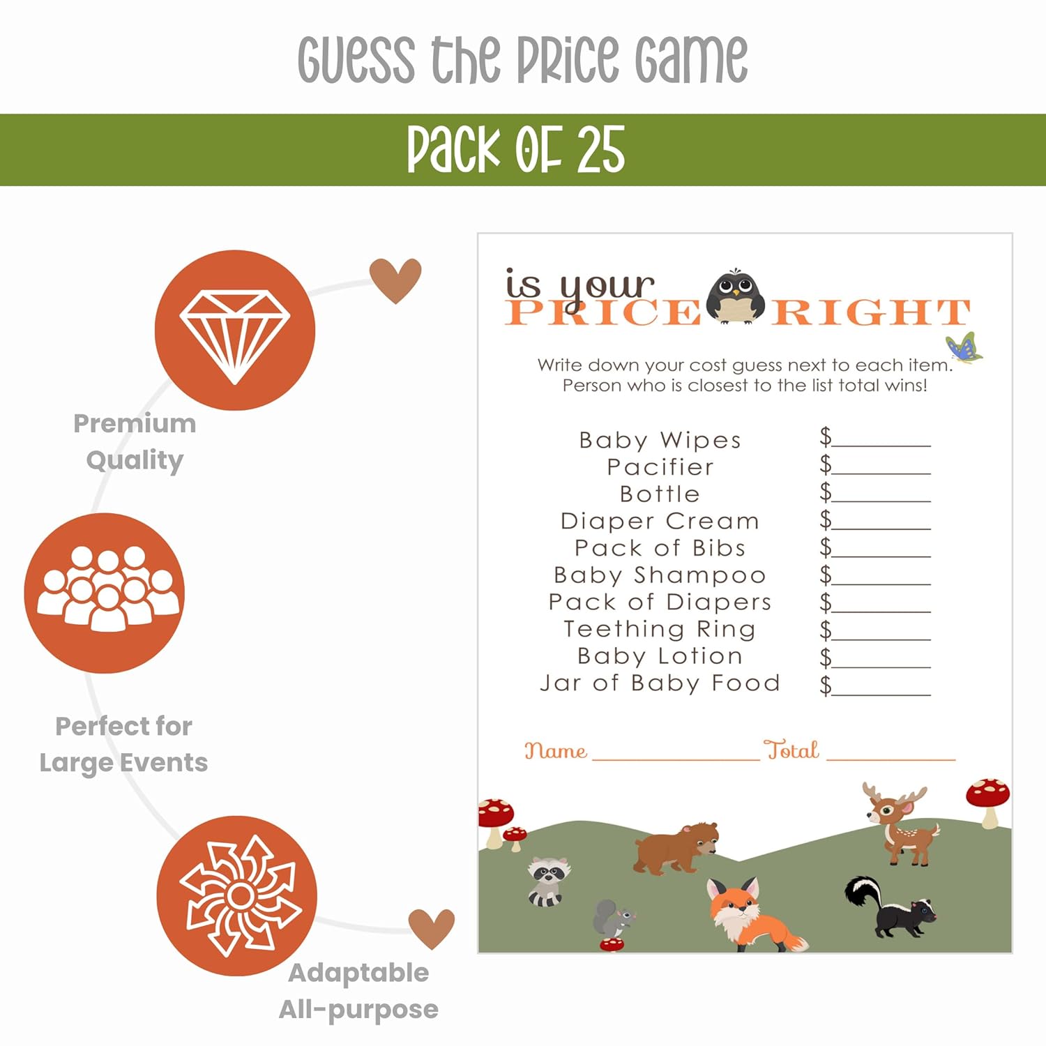 Woodland Guess The Price Baby Shower Games - 25 Cards - Rustic Boho Themed Ideas - Gender Neutral Baby Shower Activities Boys Or Girls - 4X6 Set