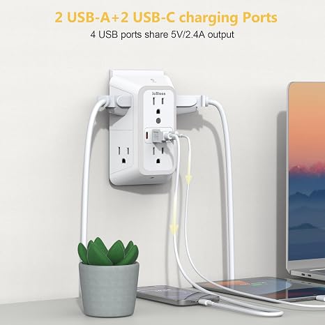 Wall Outlet Extender with Night Light 6 Outlets 4 USB Ports 2 USB C 1050J Surge Protector