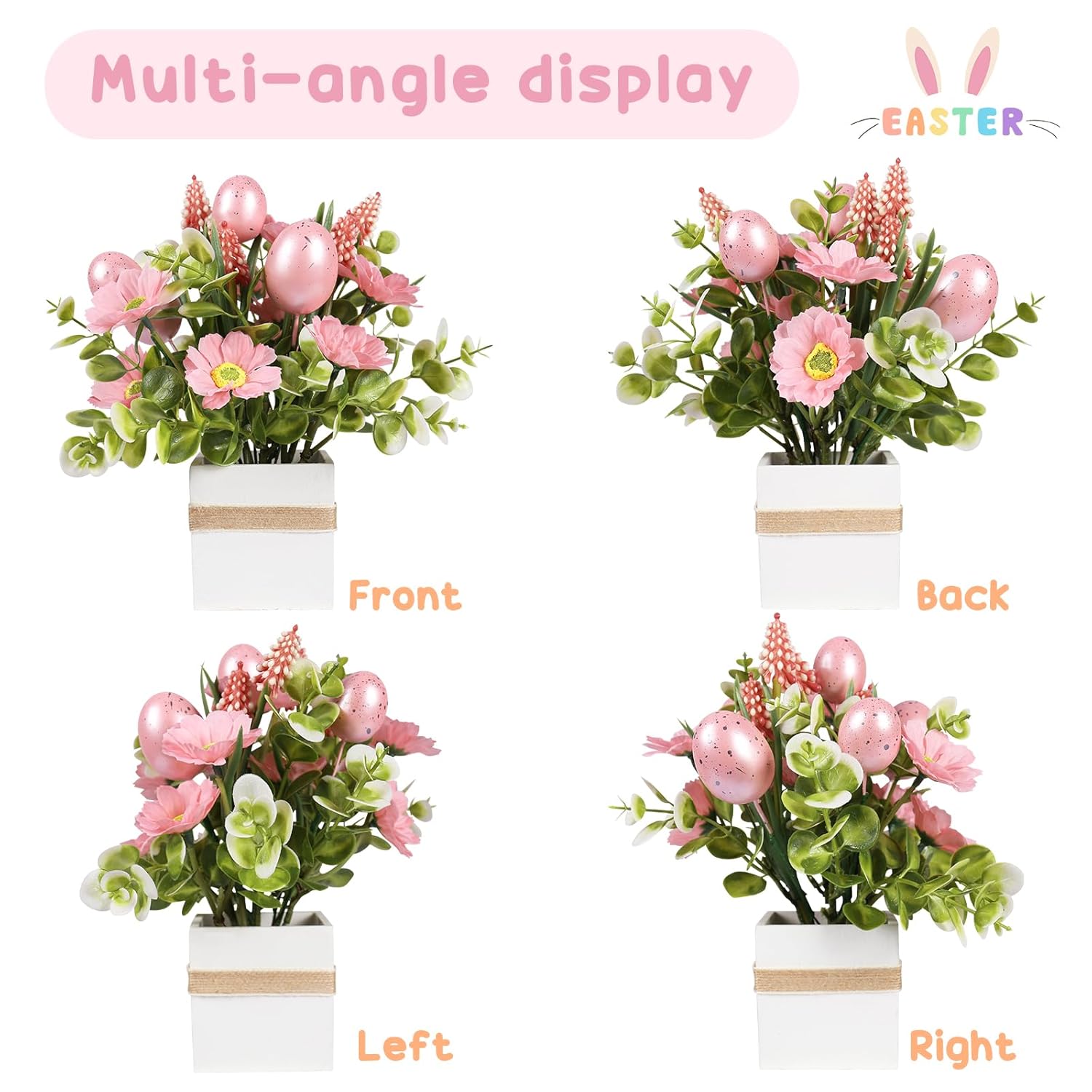 Easter Decorations, 2 Pcs Easter Artificial Flower Egg Potted Table Decorations, For Home Farmhouse Fireplace Holiday Spring Summer Indoor Party Decor. (Pink)