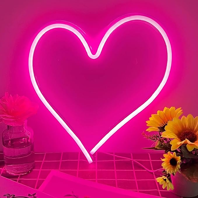 Pink Heart Neon Sign Dimmable USB LED Wall Light 13.4 x 13 Inch for Bedroom Wedding Party Decor