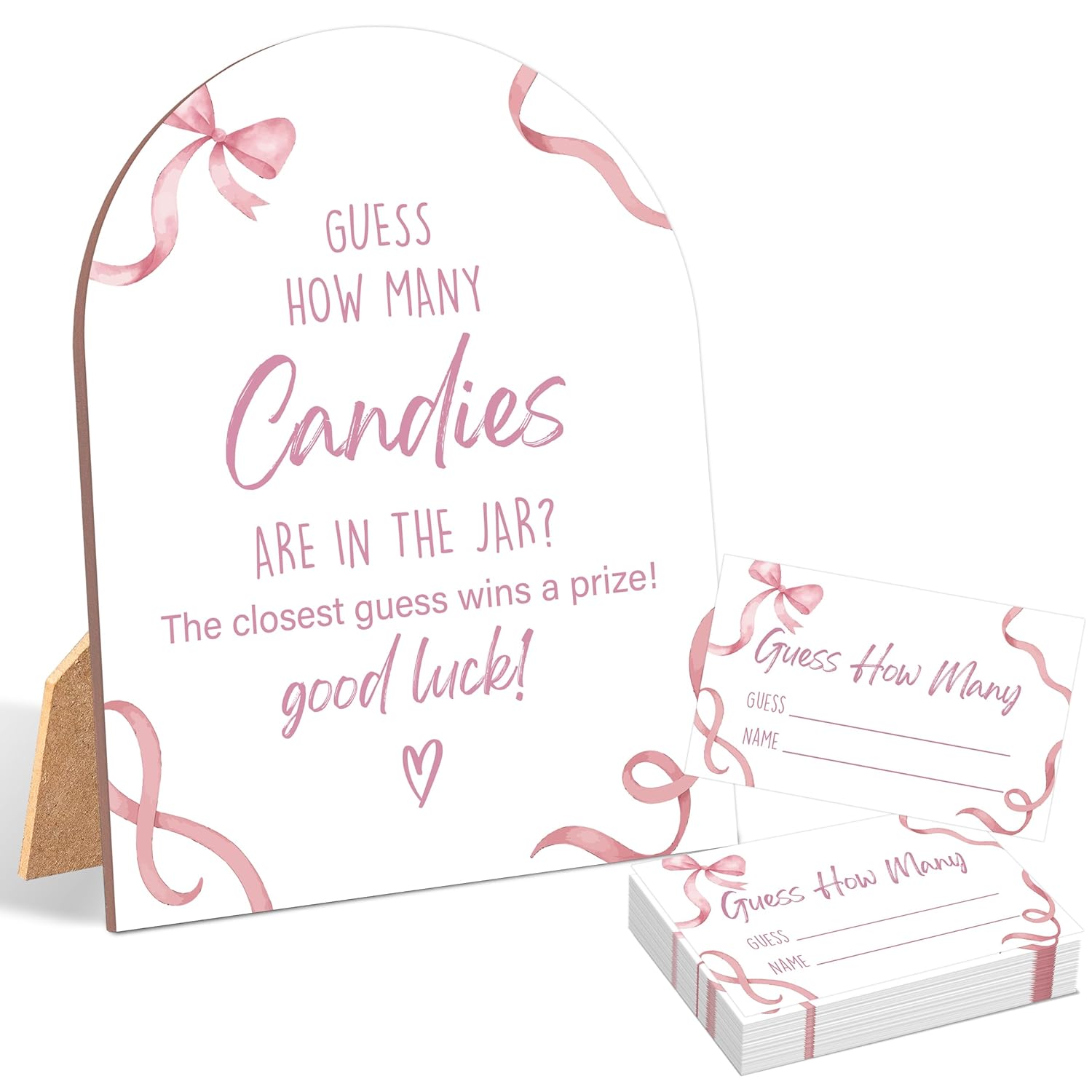 51 Pcs Pink Bow Guess How Many Candies Are In The Jar Game, Pink Baby Shower Game, 6X8 Inch Arch Wooden Sign With Stand And 50 Guessing Cards, Gender Neutral Party Decoration - Wf01