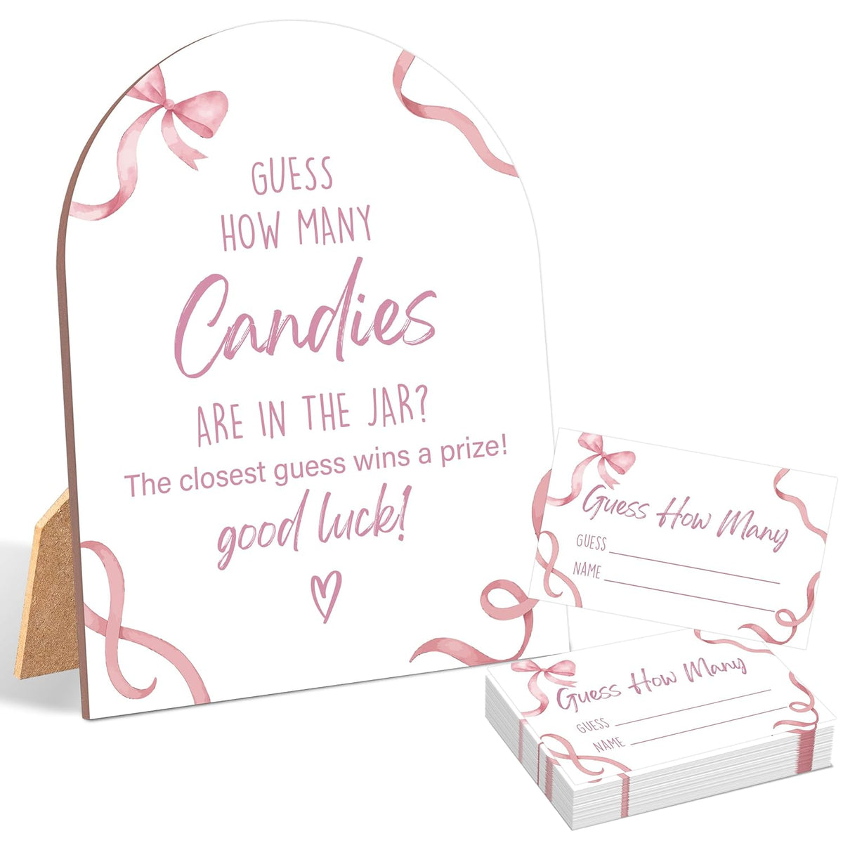 51 Pcs Pink Bow Guess How Many Candies Are In The Jar Game, Pink Baby Shower Game, 6X8 Inch Arch Wooden Sign With Stand And 50 Guessing Cards, Gender Neutral Party Decoration - Wf01