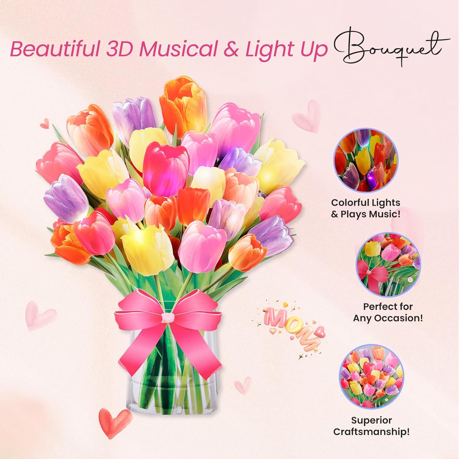 3D Popup Tulips Bouquet Greeting Card | Musical Light Up Flowers Bouquet | Decorative Floral Design | Mom Women Wife | Envelope & Blank Note Card | Perfect For Birthday, Anniversary, Get Well, All Occasion