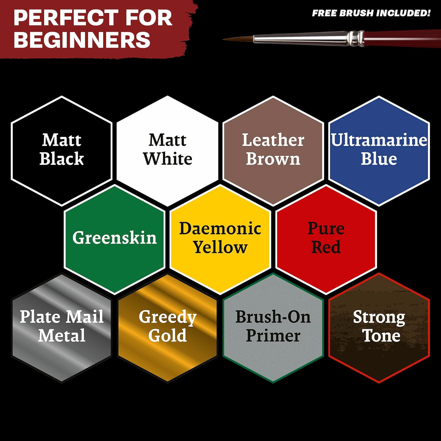Warpaints Fanatic: Starter Set Combo, 11 Paints: 7 Acrylic Colours, 2 Metallics, 1 Wash, 2 Brushes & 1 Free Miniature Figure, For Models And Miniature Painting