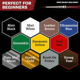 Warpaints Fanatic: Starter Set Combo, 11 Paints: 7 Acrylic Colours, 2 Metallics, 1 Wash, 2 Brushes & 1 Free Miniature Figure, For Models And Miniature Painting