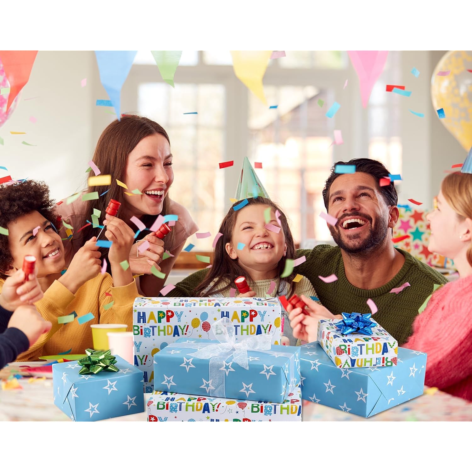 Reversible Birthday Wrapping Paper Roll For Boys Girls Kids Men Women - Colorful Happy Birthday Lettering Balloon And Stars - Gift Wrap For Party Celebration Holiday, 17.7 Inch X 33 Feet