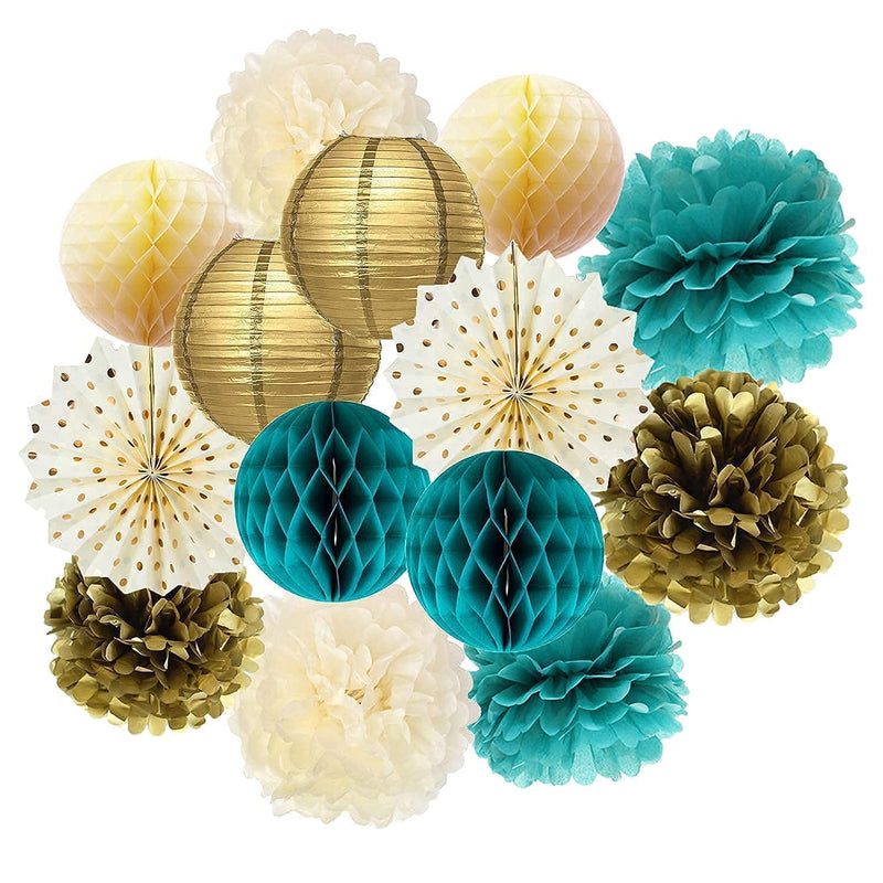 Teal Gold Birthday Party Decorations Women Gold Polka Dot Paper Fans F