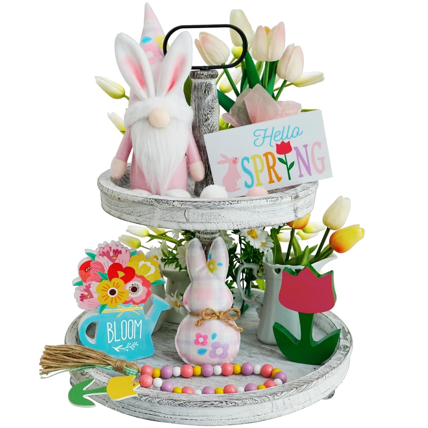 Spring Decorations - 6Pcs Bunny Gnome Tiered Tray & Wood Signs, Plus Plush Bunny & Flower Bead Garland For Easter & Farmhouse Kitchen Decor