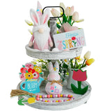 Spring Decorations - 6Pcs Bunny Gnome Tiered Tray & Wood Signs, Plus Plush Bunny & Flower Bead Garland For Easter & Farmhouse Kitchen Decor