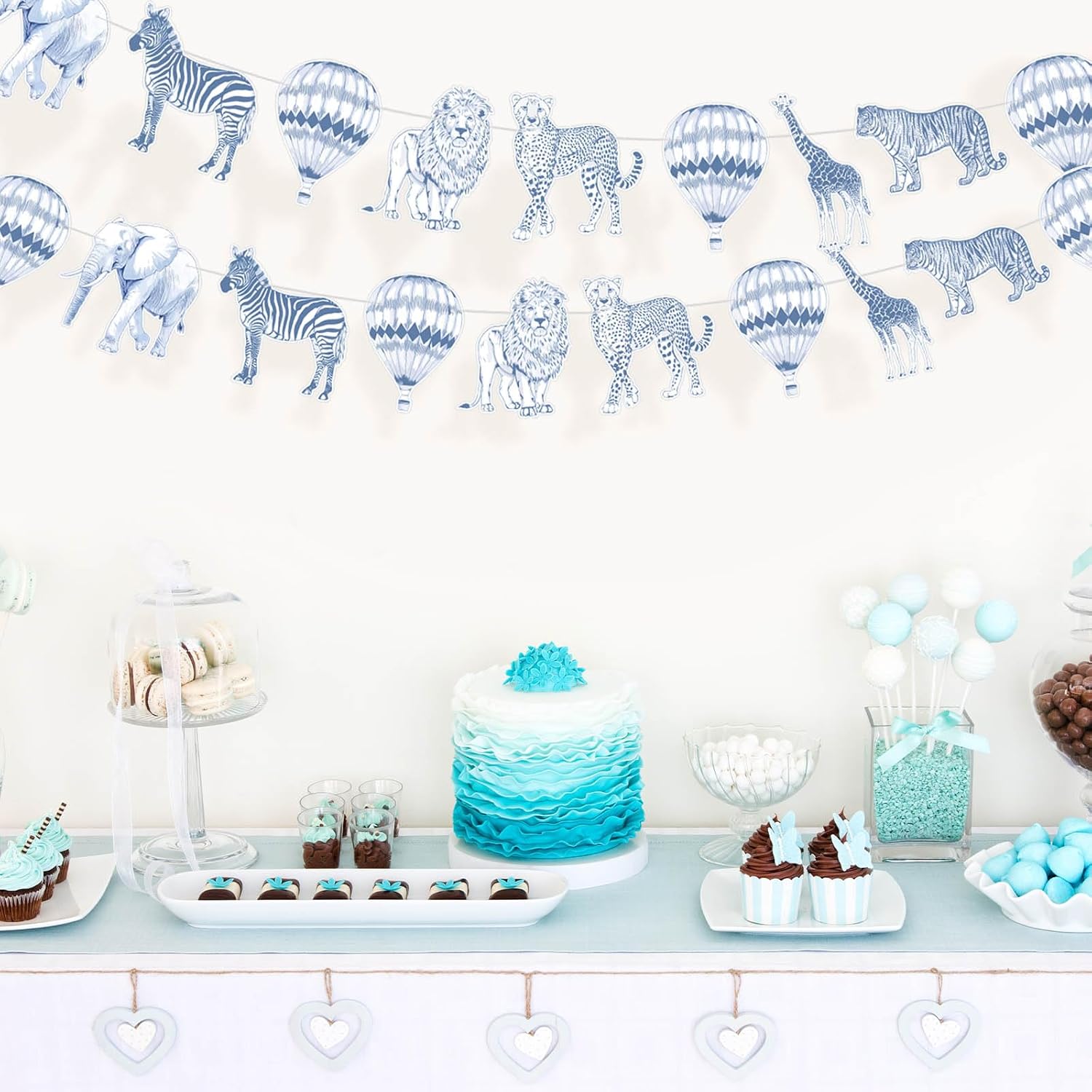 2 Pack Blue Toile De Jouy Safari Garland 6.56 Ft Jungle Party Banner Blue Chinoiserie Baby Shower Hanging Decor Animal Paper Party Supply For Birthday Wedding Christmas Bachelorette Decor