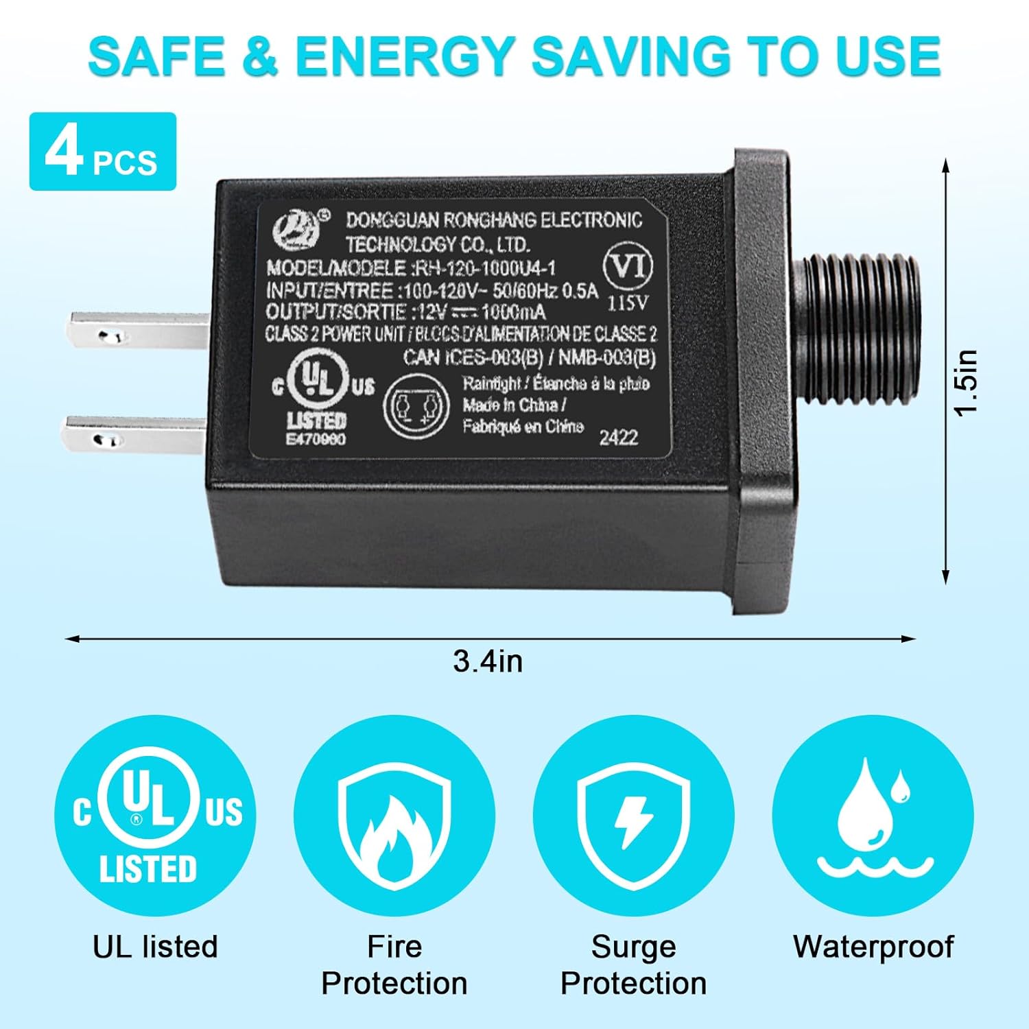 4Pcs Replacement Yard Inflatable Adapter 12V Class 2 Power Supply 120Vac 60Hz Led Ip44 Waterproof Transformer Plug For L