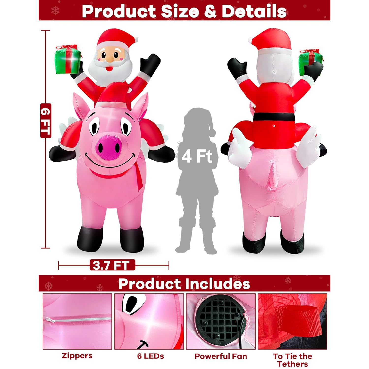 6 Ft Christmas Inflatable Outdoor Decoration, Lighted Farm Christmas Inflatables Santa Ride On Flying Pig With Built In