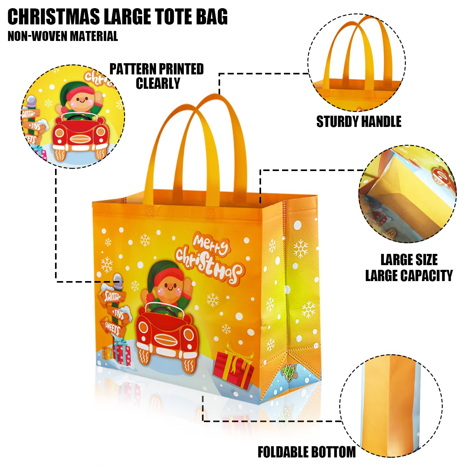 12 Pack Large Christmas Tote Bags With Handles, Reusable Non-Woven Gift Bag Grocery Shopping Totes For Xmas Holiday Party Supplies