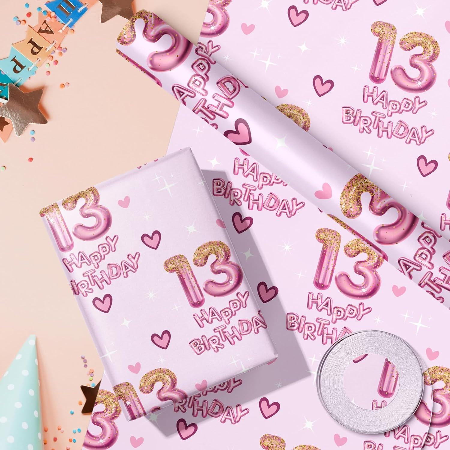 13Th Birthday Wrapping Paper Girls, Hearts And Pink Number 13 Balloons Happy Birthday Design, 13 Years Old, Mini Roll, 17 Inches X 16.4 Feet, Perfect For Girls' Birthday Party Gifts