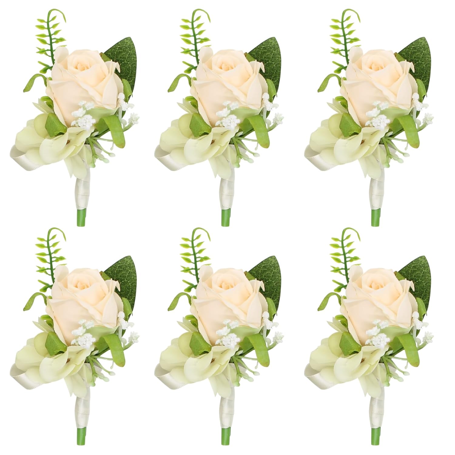 Set Of 6 Champagne Rose Boutonniere For Men Wedding, Groom And Best Man Boutonnieres With Artificial Flower For Wedding Prom Party Suit Decor (Champagne)