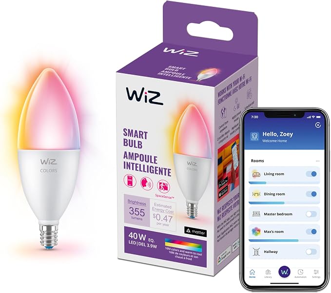 40W Equivalent B12 Smart Candle LED Bulb E12 Base Full Color Matter Compatible 1 Pack