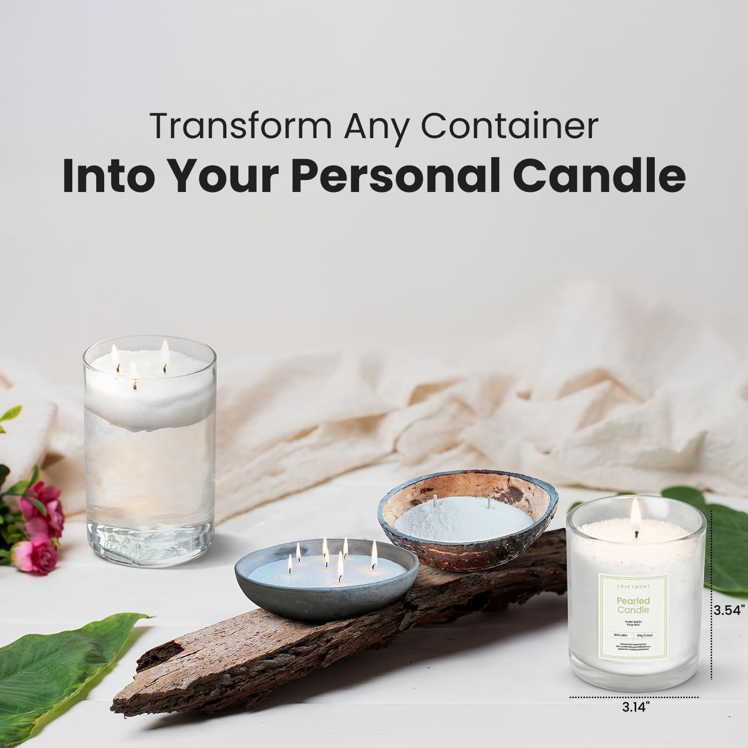Pearled Candle With Wicks Kit - Refillable Glass Jar, 500G Sand Wax, & 30 Cotton Wicks (Vanilla Silk)