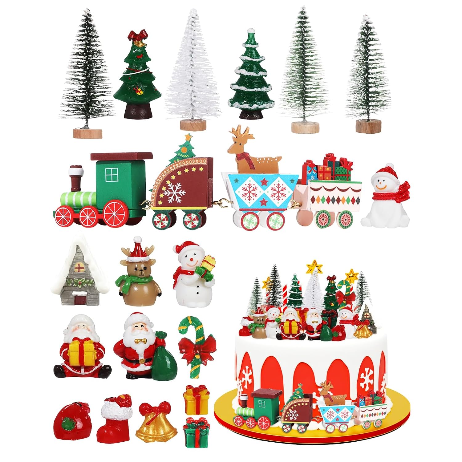 Merry Christmas Cake Decorations - 19 Piece Set With Cake Toppers, Christmas Tree, Santa Gifts, Birthday Party Supplies