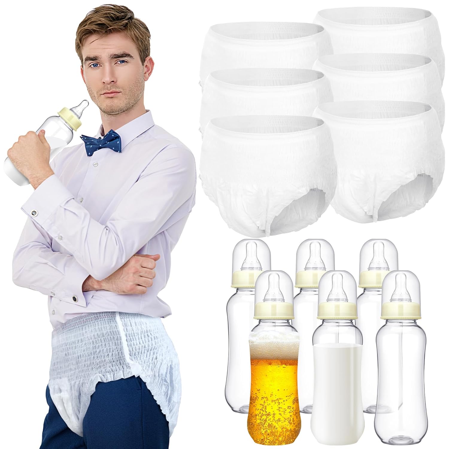 6 Sets Funny Plastic Bottle Chug Baby Shower Games Juegos Para Plastic Baby Bottles Disposable Diapers Gender Reveal Race Gifts Diaper Feed Me Game Decoration For Boys Girls (Transparent White)