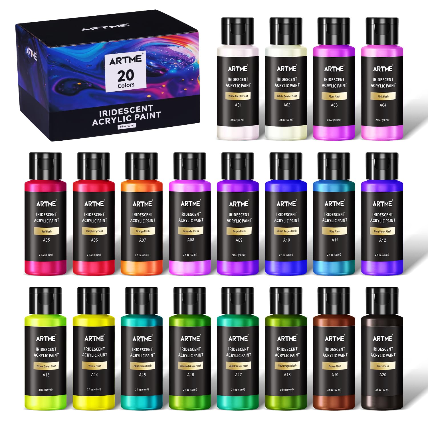 Iridescent Acrylic Paint Set, 20 Chameleon Colors In 2 Oz/60Ml Bottles, Color-Shifting Acrylic Paint Perfect For Artists, Beginners On Canvas, Rocks, Wood, Fabric, Ceramic