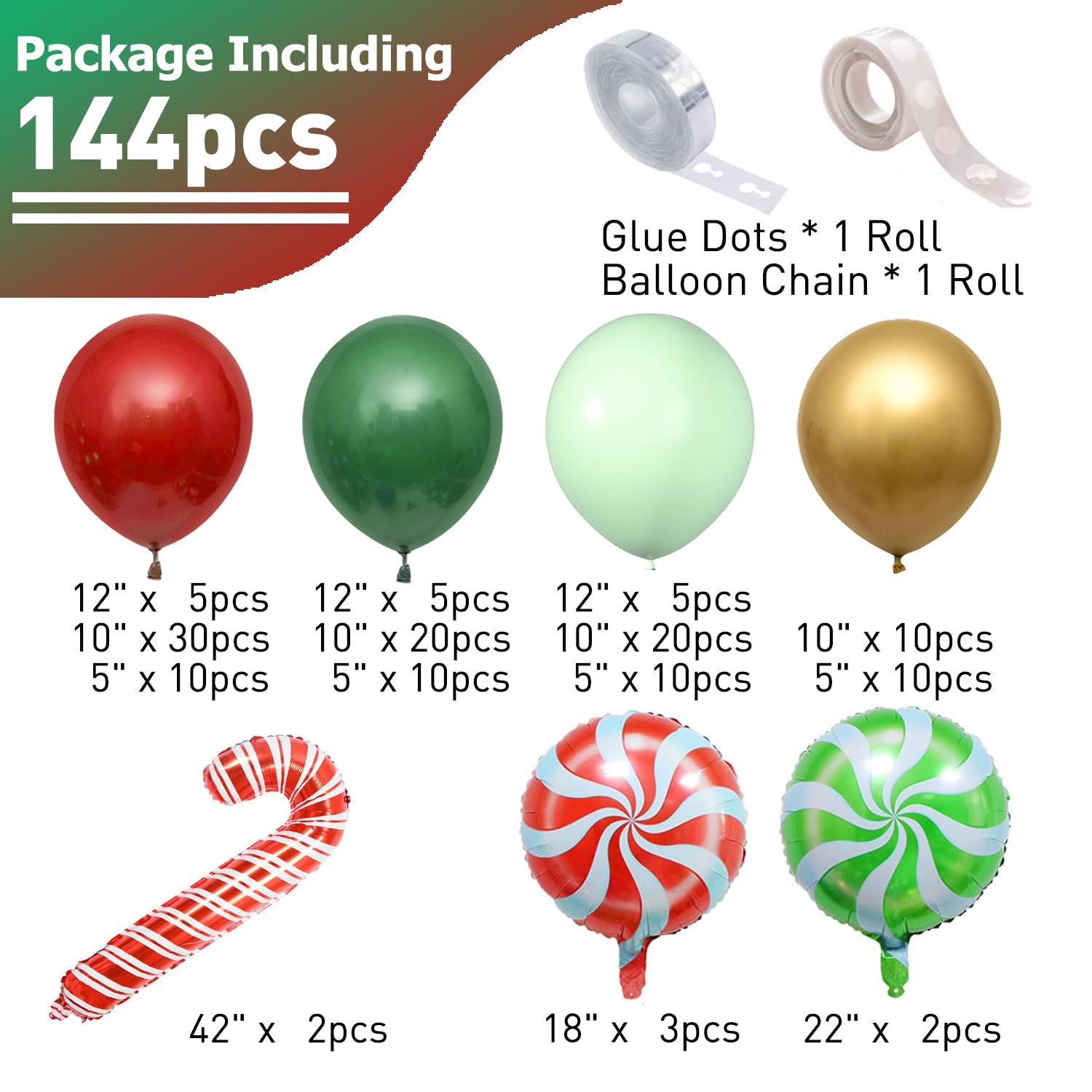 Christmas Balloon Garland Arch Kit Red Green Gold White 144 Pcs 12" 10" 5" Latex Balloons Candy Cane Balloons For Kids Xmas New Year Birthday Holiday Party Indoor Outdoor Decorations Supplies