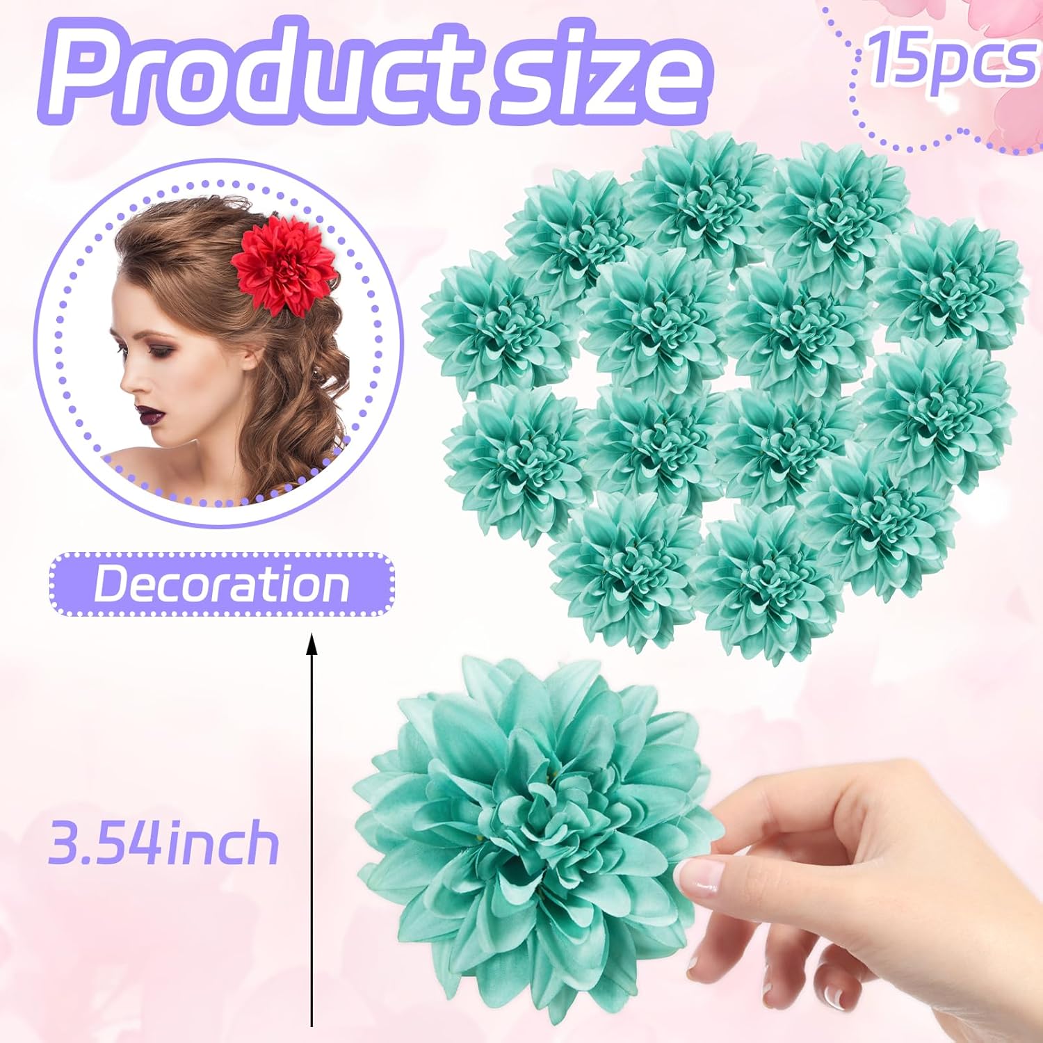 Silk Dahlia Artificial Flowers Bulk, 15 Pcs Fake Dahlias Flowers Heads For Craft, 3.5 Inch Green Large Flower Heads Faux Flowers For Wedding Party, Home Office, Hat, Wall Decoration