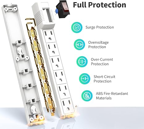 2 Pack Surge Protector Power Strip 6 Outlets 6 Ft Cord 15A 1875W Wall Mount