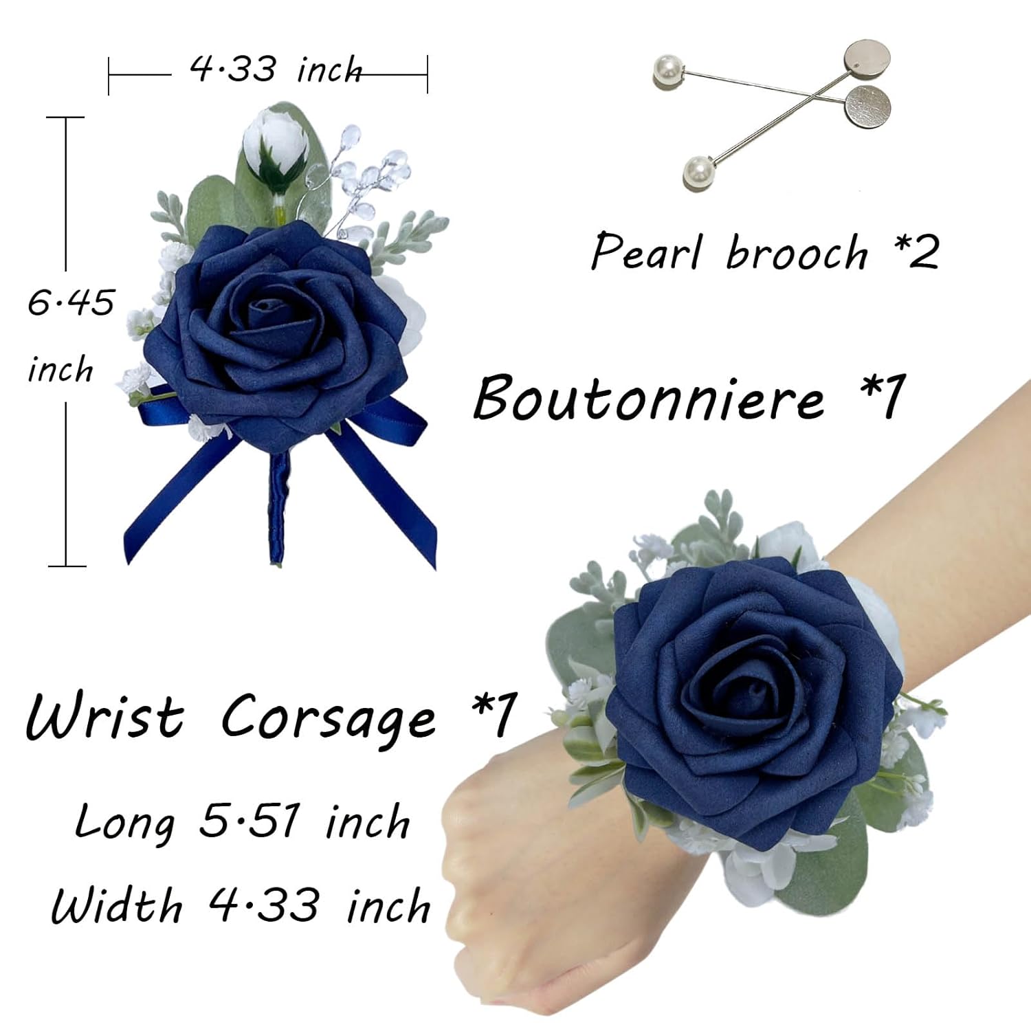 Corsage And Boutonniere Set, Dark Blue Rose Handmade Artificial Flower Wrist Corsage And Groom Boutonniere For Seaside Wedding,Bridesmaid Hand Flower,Prom Suit Decorations