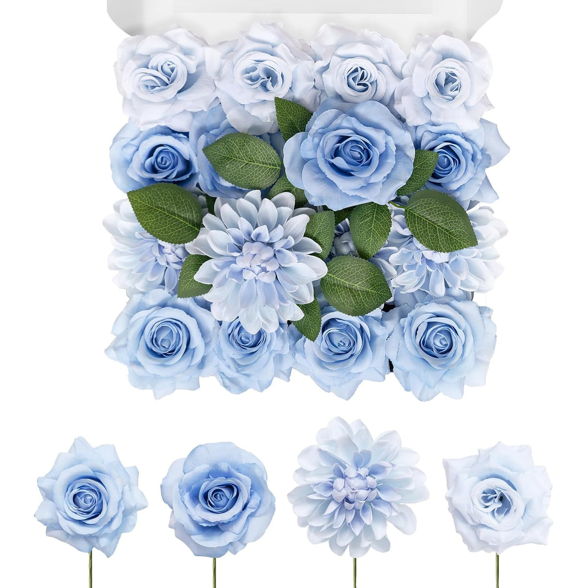 Artificial Flowers Combo Box Set, 16Pcs Fake Rose Silk Flower With Stem For Diy Wedding Bouquets Centerpieces Baby Shower French Country Home Decoration (Provence Blue)