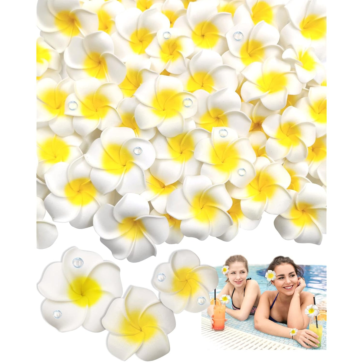 3 Sizes Artificial Plumeria Flower With 100Pcs Dewdrop For Diy, 75Pcs White Foam Hawaiian Frangipani, Floating Flowers For Pool, Fake Tropical Flowers For Home Wedding Party Decoration