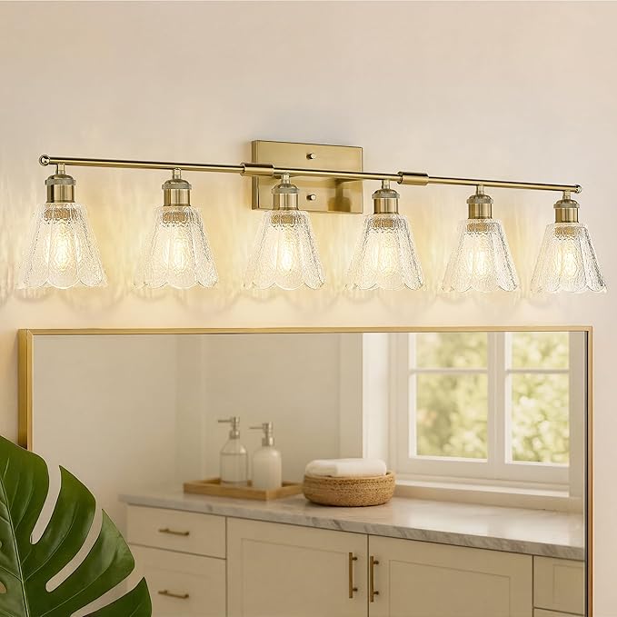 6-Light Brushed Gold Bathroom Vanity Light with Clear Floral Glass Shades 41 Inch