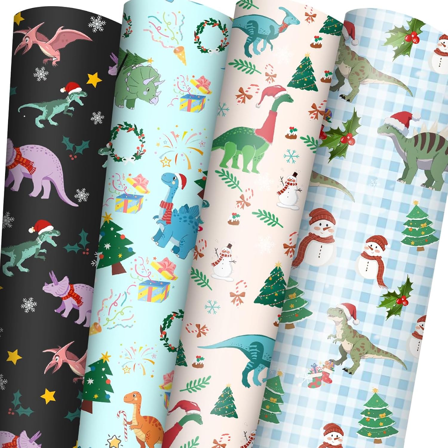 Dinosaurs Christmas Wrapping Paper For Boys Girls Kids - 8 Jumbo Sheets Cartoon Dinosaurs, Santa Hats And Snowman Designs - Diy Gift Wrap For Party Favors New Year Birthday Gift, 28"X40" (Dinosaur)