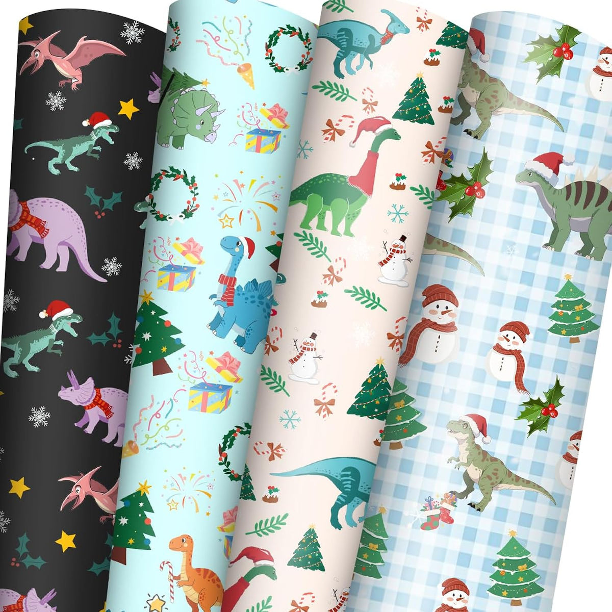 Dinosaurs Christmas Wrapping Paper For Boys Girls Kids - 8 Jumbo Sheets Cartoon Dinosaurs, Santa Hats And Snowman Designs - Diy Gift Wrap For Party Favors New Year Birthday Gift, 28"X40" (Dinosaur)