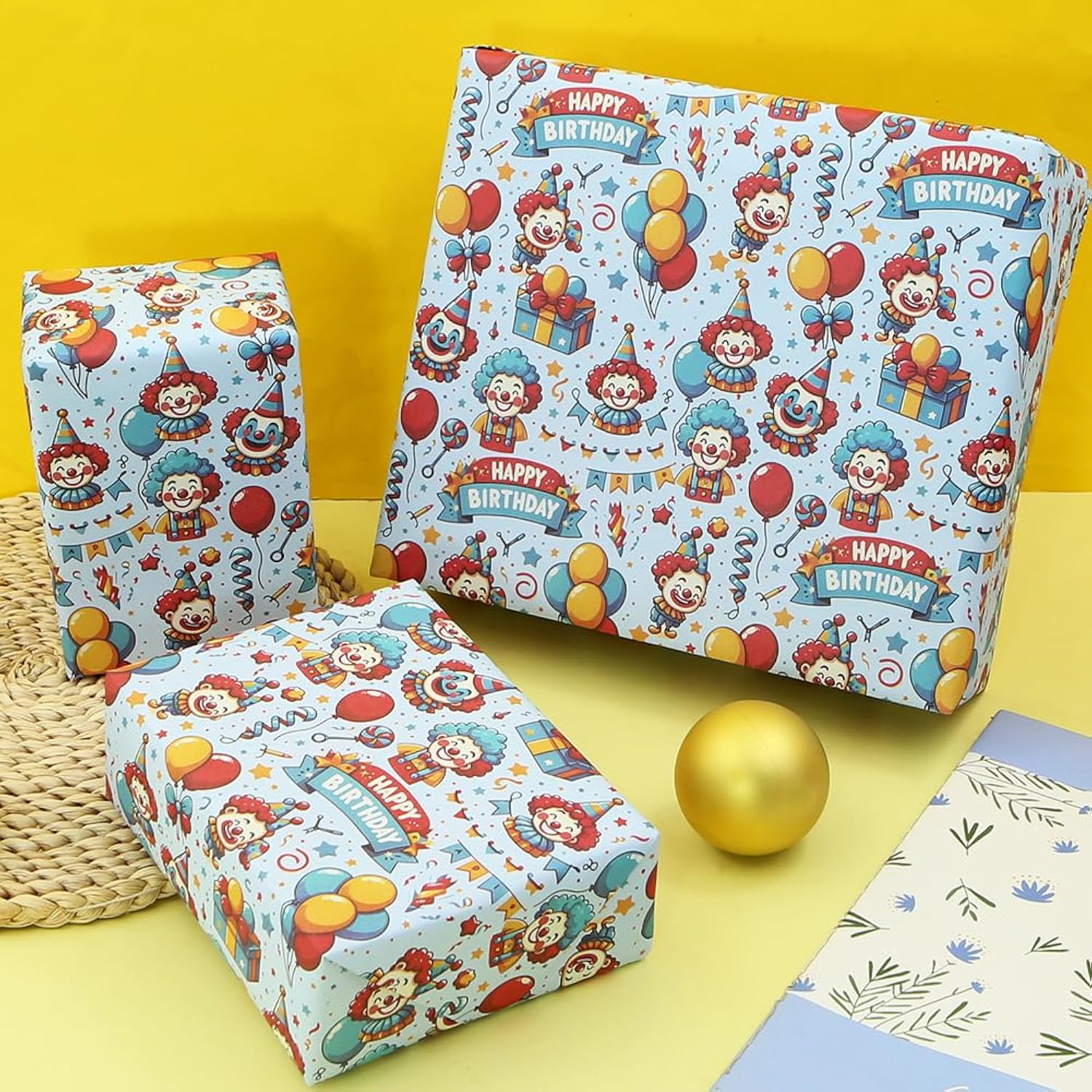 Joker Gift Wrapping Paper,4 Sheets Red Blue Clown Happy Birthday Wrapping Paper Balloon Lollipop Gift Box Gift Wrap Paper For Girl Boy Kid Birthday Baby Shower Wedding Christmas Party,20X28 Inch