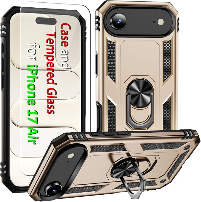 iPhone Air Case with Screen Protector and Built-in Kickstand Gold Full Body Cover