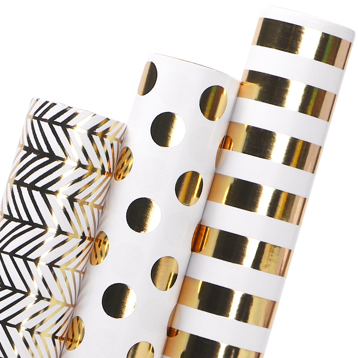 Birthday Wrapping Paper White And Gold Gift Wrapping Paper For Christmas Mini Roll, 3 Rolls Polka Dots Stripes Geometry Pattern With Gold Foil - 17 Inch X 120 Inch(10Feet) Per Roll