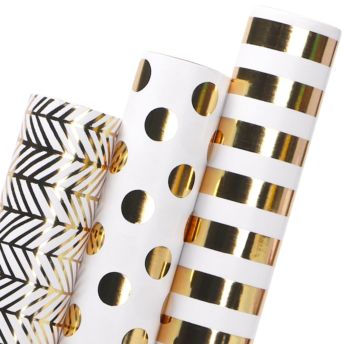Birthday Wrapping Paper White And Gold Gift Wrapping Paper For Christmas Mini Roll, 3 Rolls Polka Dots Stripes Geometry Pattern With Gold Foil - 17 Inch X 120 Inch(10Feet) Per Roll
