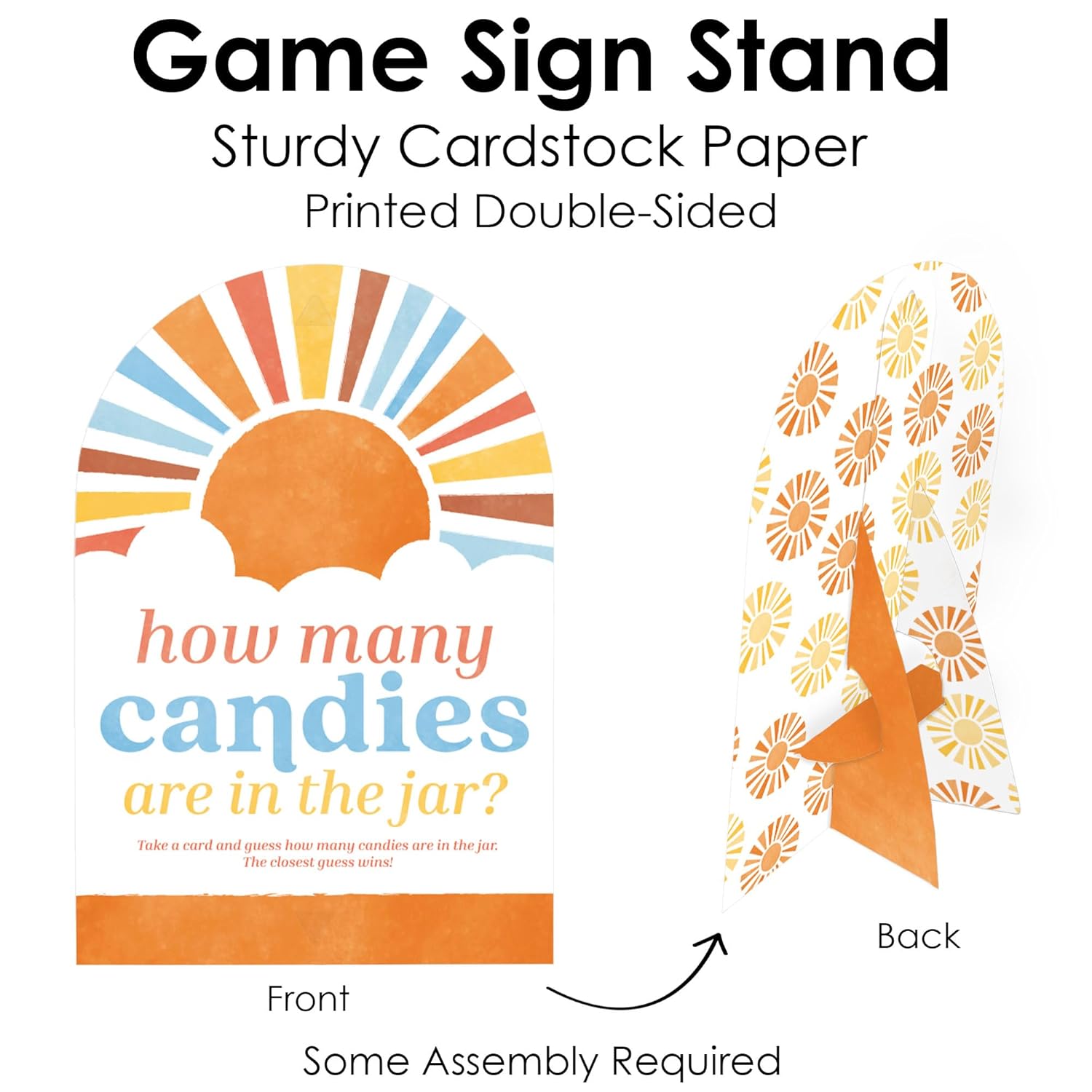 Big Dot of Happiness Retro Sunshine How Many Candies are in The Jar, Boy Boho-Themed Here Comes The Son Baby Shower Game, Candy Guessing Party Activity - 1 Paper Stand and 40 Cards