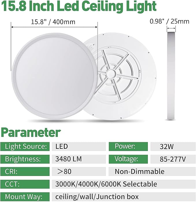 15.8 Inch LED Flush Mount Ceiling Light 3480LM 3CCT Round Flat Panel Fixture