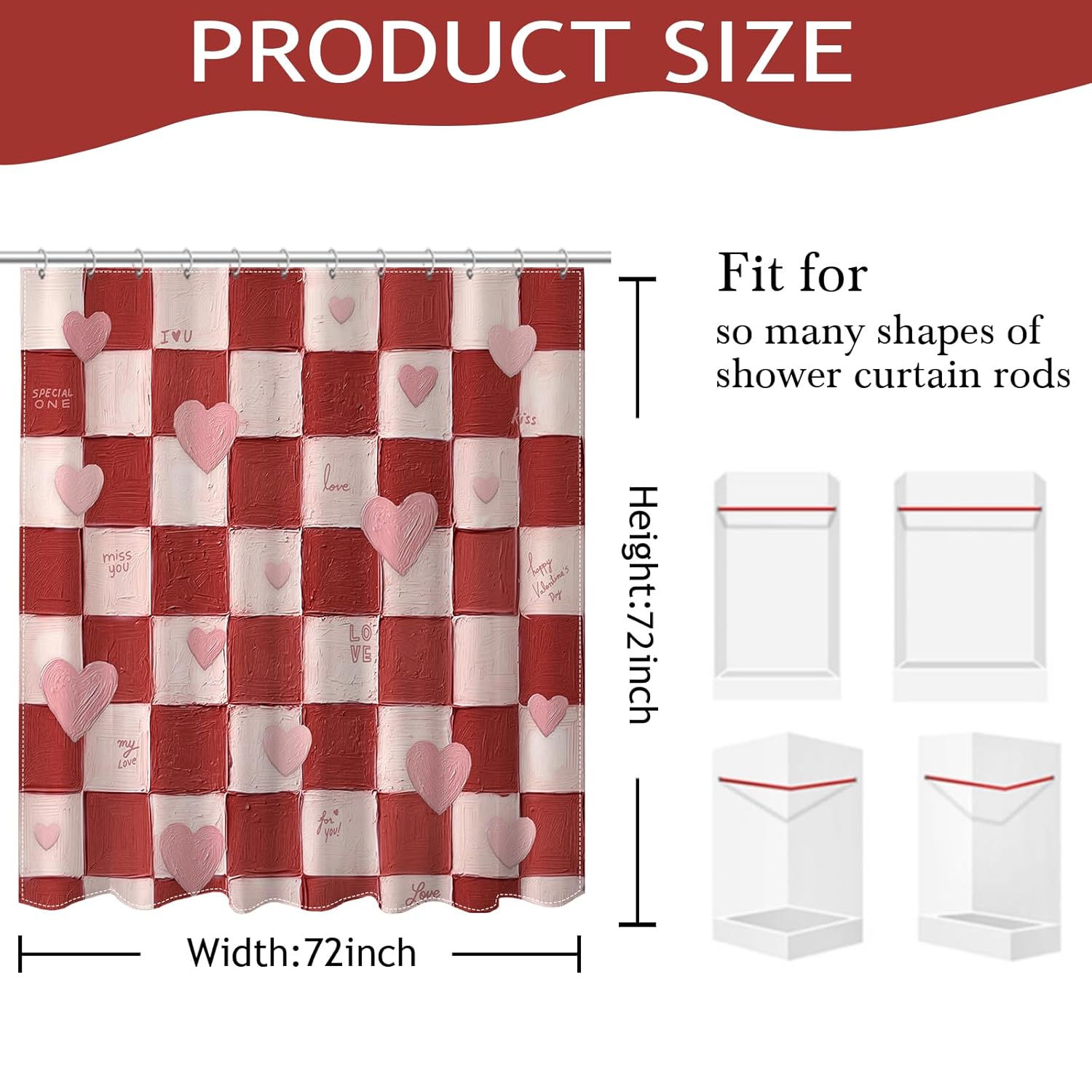Red Valentines Shower Curtain - Sweet Love Kiss Me Heart Shower Curtain For Valentine Day Decorations, Romantic Retro Grid Waterproof Bath Curtain 72 X 72 Inch