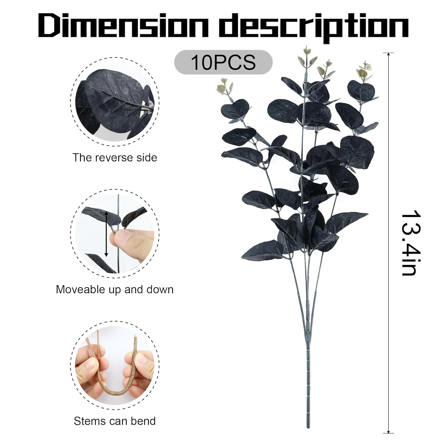 10 Pcs Black Flower Artificial Eucalyptus Stems For Halloween Black Home Bathroom Bedroom Decor Skoopy Halloween Decorations 13.4 Inch