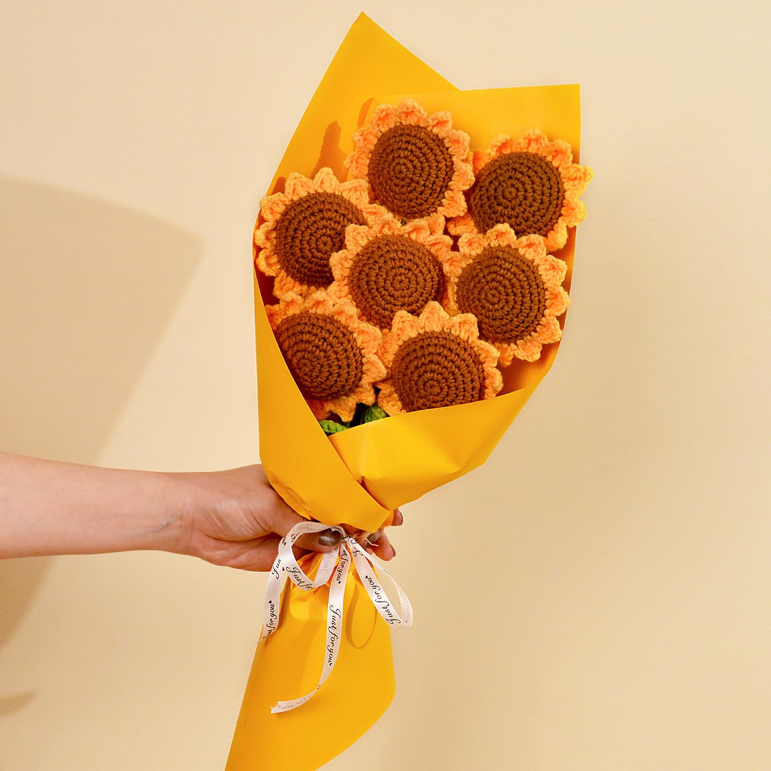 7 Pcs Crochet Sunflower, Diy Knitted Sunflower Bouquet, Sunflower Crochet For Mother'S Day, Birthday Gift, Home Wedding Party Office Table Centerpieces