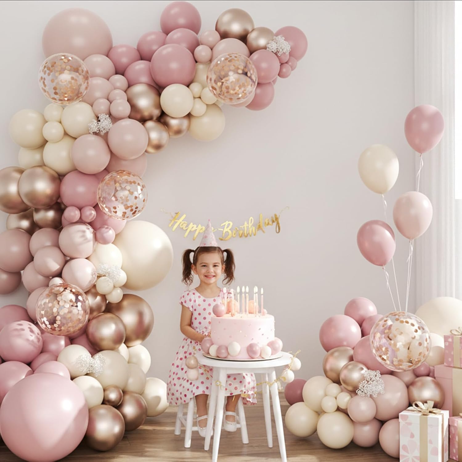 Dusty Pink And Rose Gold Balloon Arch Kit, 134Pcs Double Stuffed Light Pink Dusty White Metallic Gold Confetti Balloons Garland Kits For Birthday Wedding Baby Shower Bridal Party Decorations