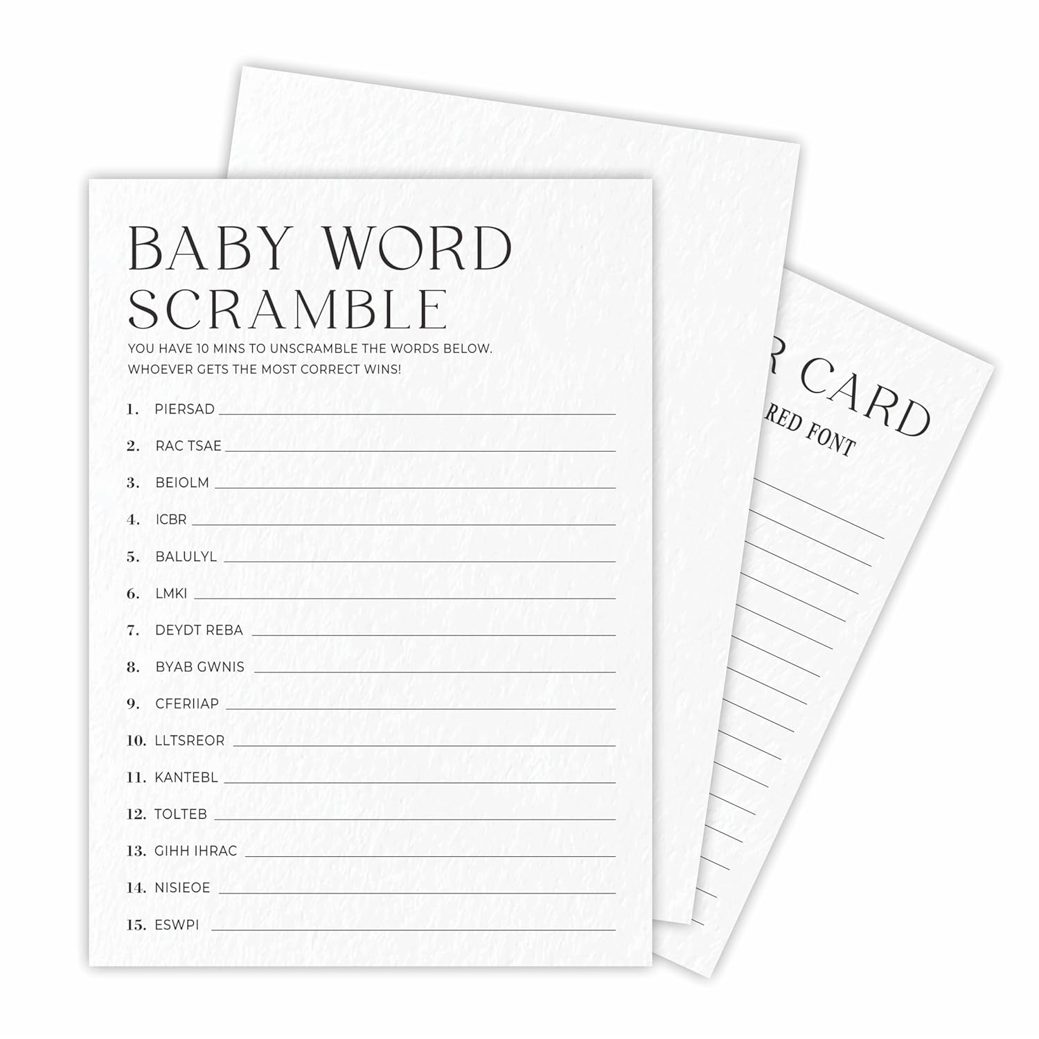 Baby Word Scramble Game Kits For Baby Shower - Minimalism Pearl White - 30 Fill In The Blank Game Cards With 1 Answer Card Each Set, Gender Reveal, Gender Neutral Party Supplies - A07