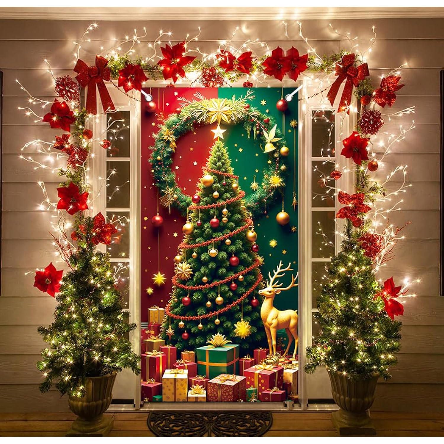 Red Green Christmas Door Cover Tree Elk Banner 3x6 Ft Party Decoration