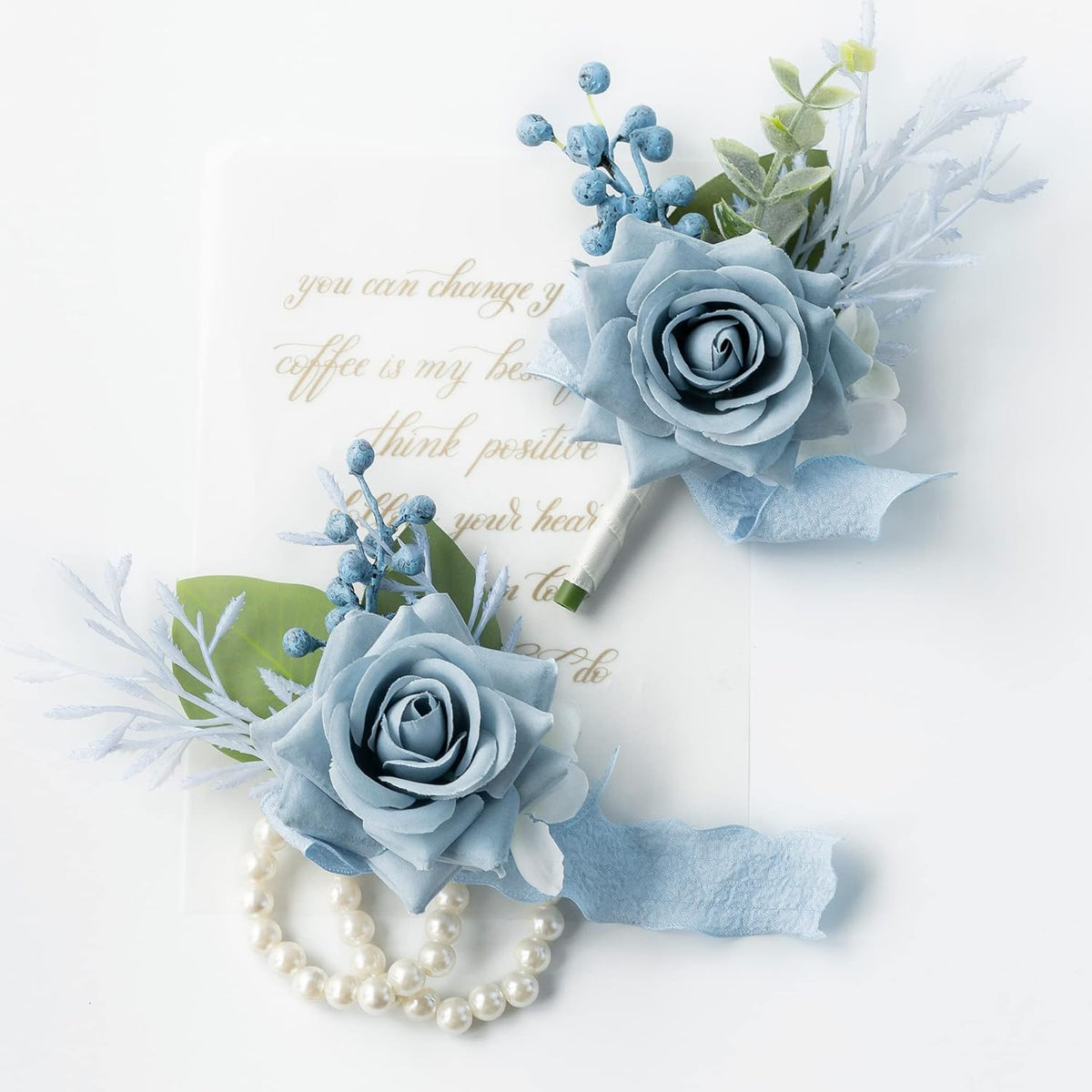 Wrist Corsage Wristlet And Boutonniere Set For Wedding Bridesmaid Mother Grandmother For Bridal Shower Wedding Artificial Roses Flower Prom Set Of 2 (Dusty Blue)