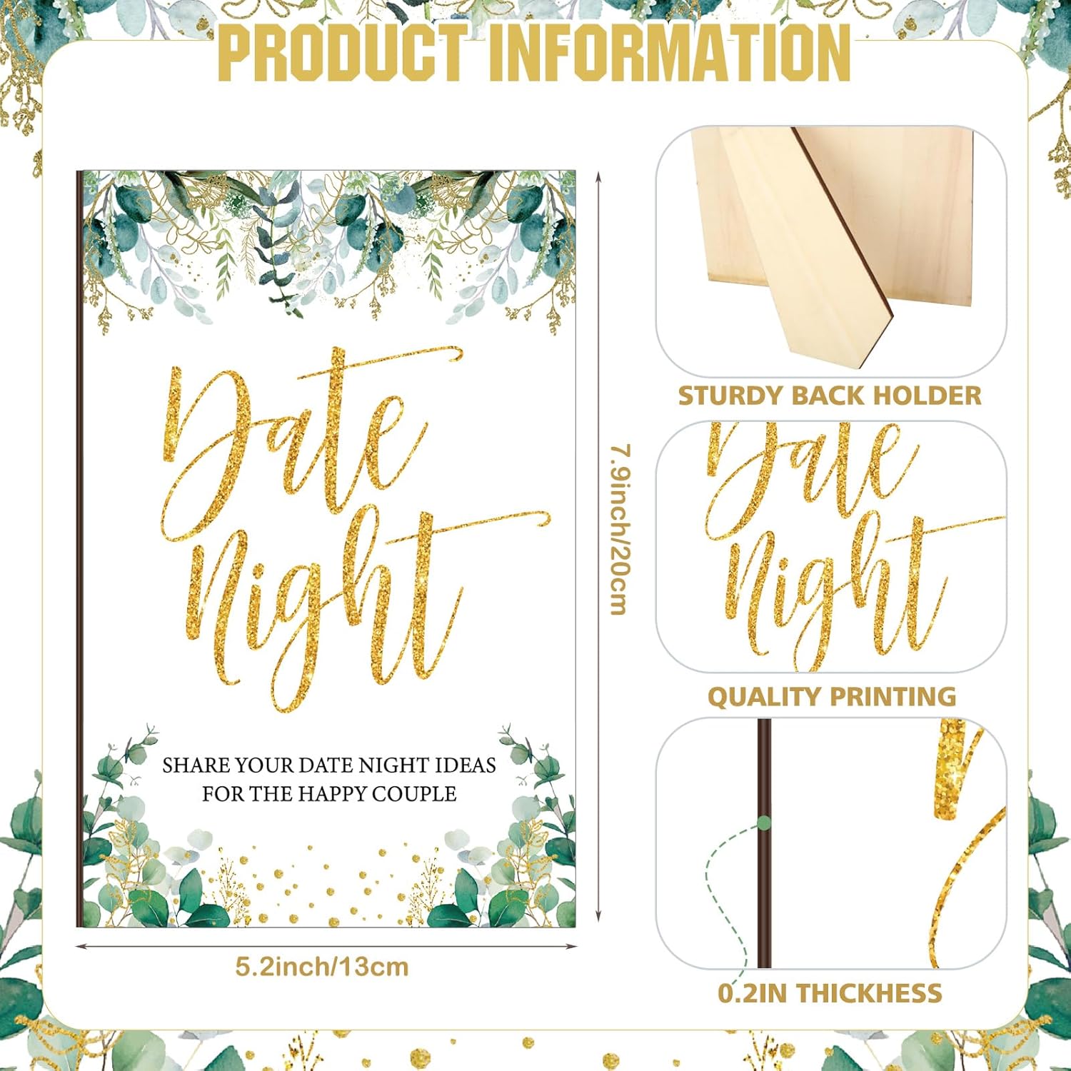Bridal Shower Date Night Games Includes 1 Stand(8 X 5) Greenery Eucalyptus Bridal Shower Party Game Sign, 50 Date Night Guessing Cards(5 X 3) For Bachelorette Party Wedding Reception Games